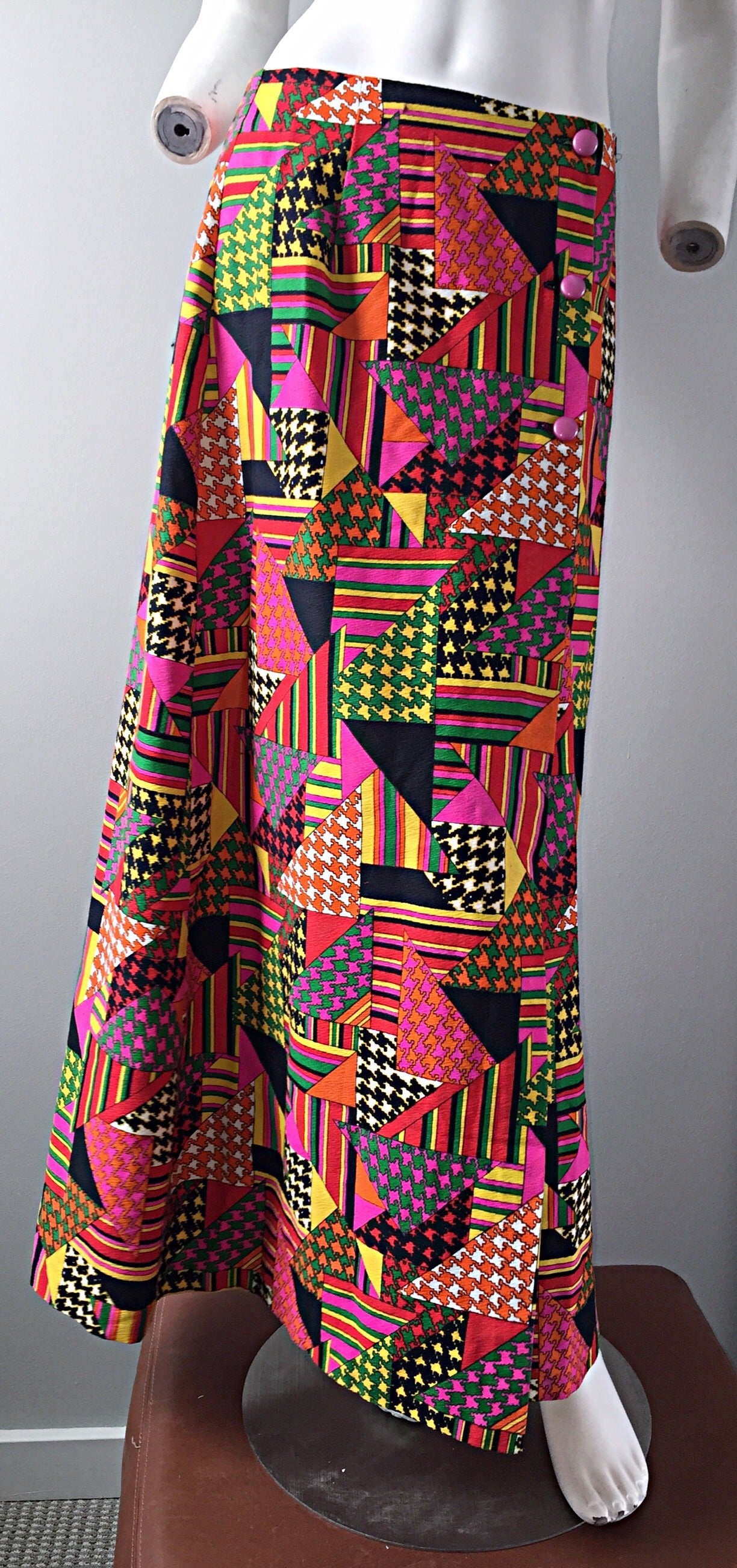 1970s Colorful Geometric Patchwork Houndstooth Vintage Cotton Maxi Skirt For Sale 2
