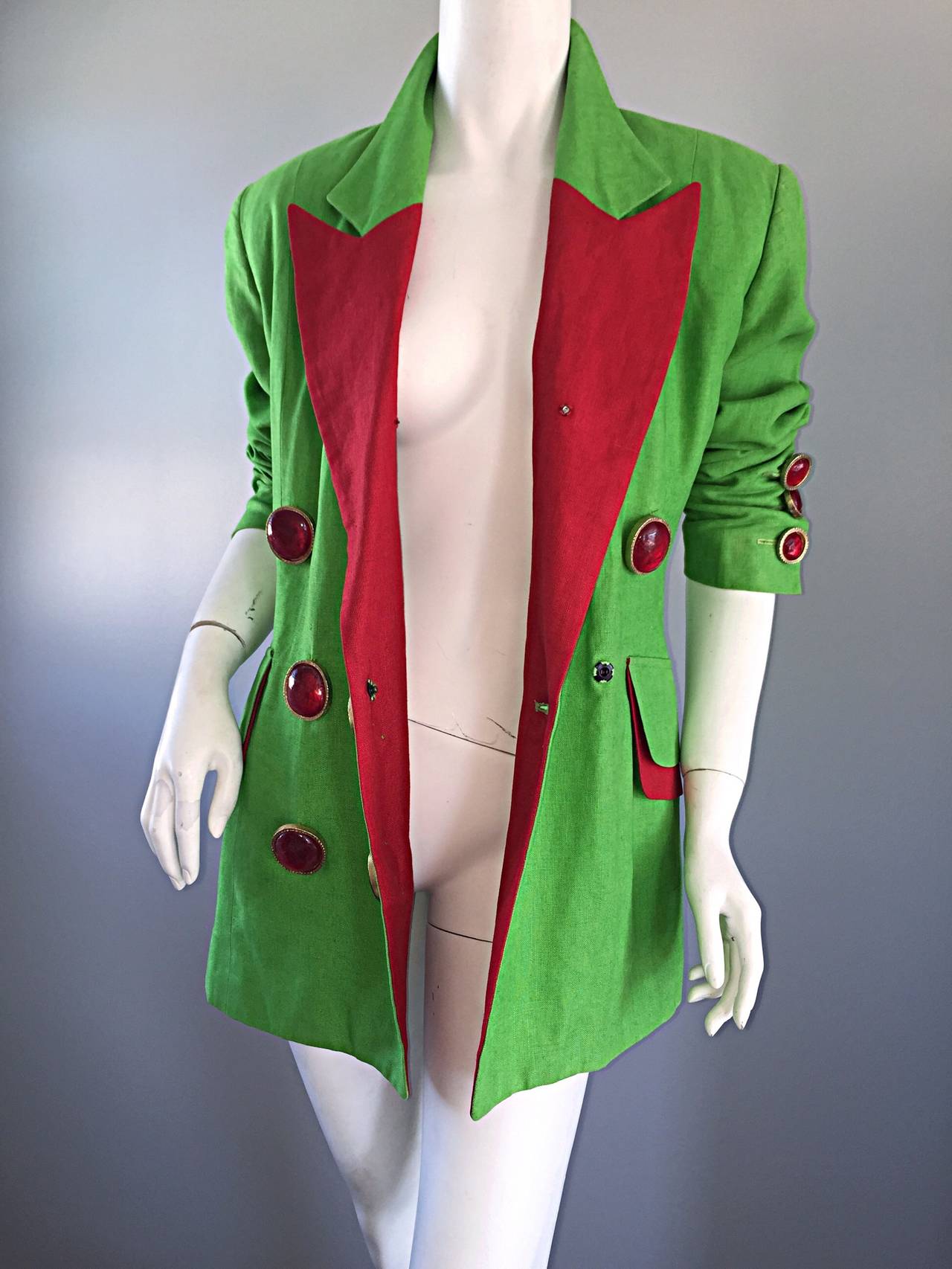 Incredible Vintage Gemma Kahng Green + Red Blazer w/ Gripoix Buttons In Excellent Condition In San Diego, CA