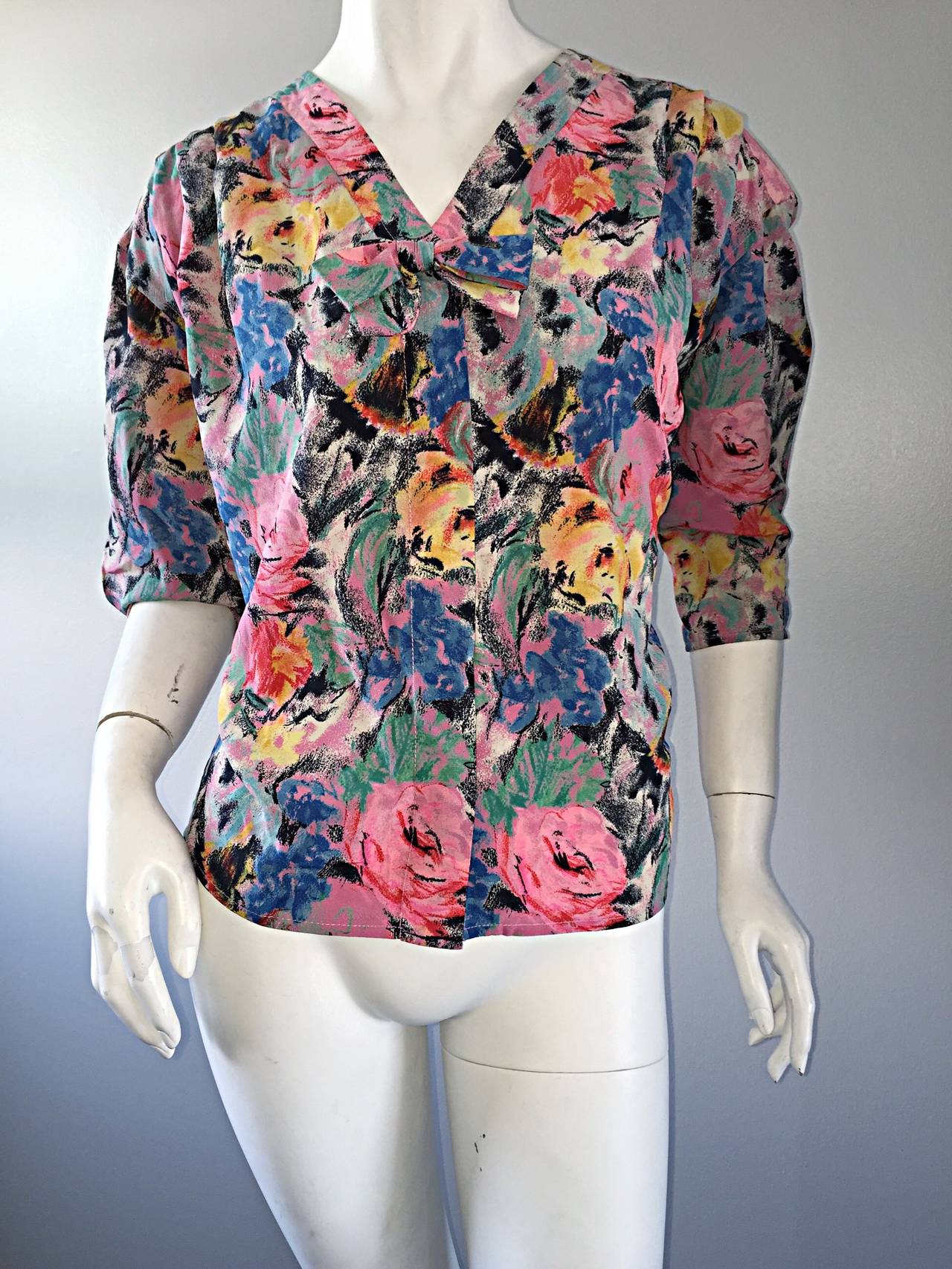 Women's Chic Vintage Emanuel Ungaro Floral Watercolor Blouse + Shorts Set