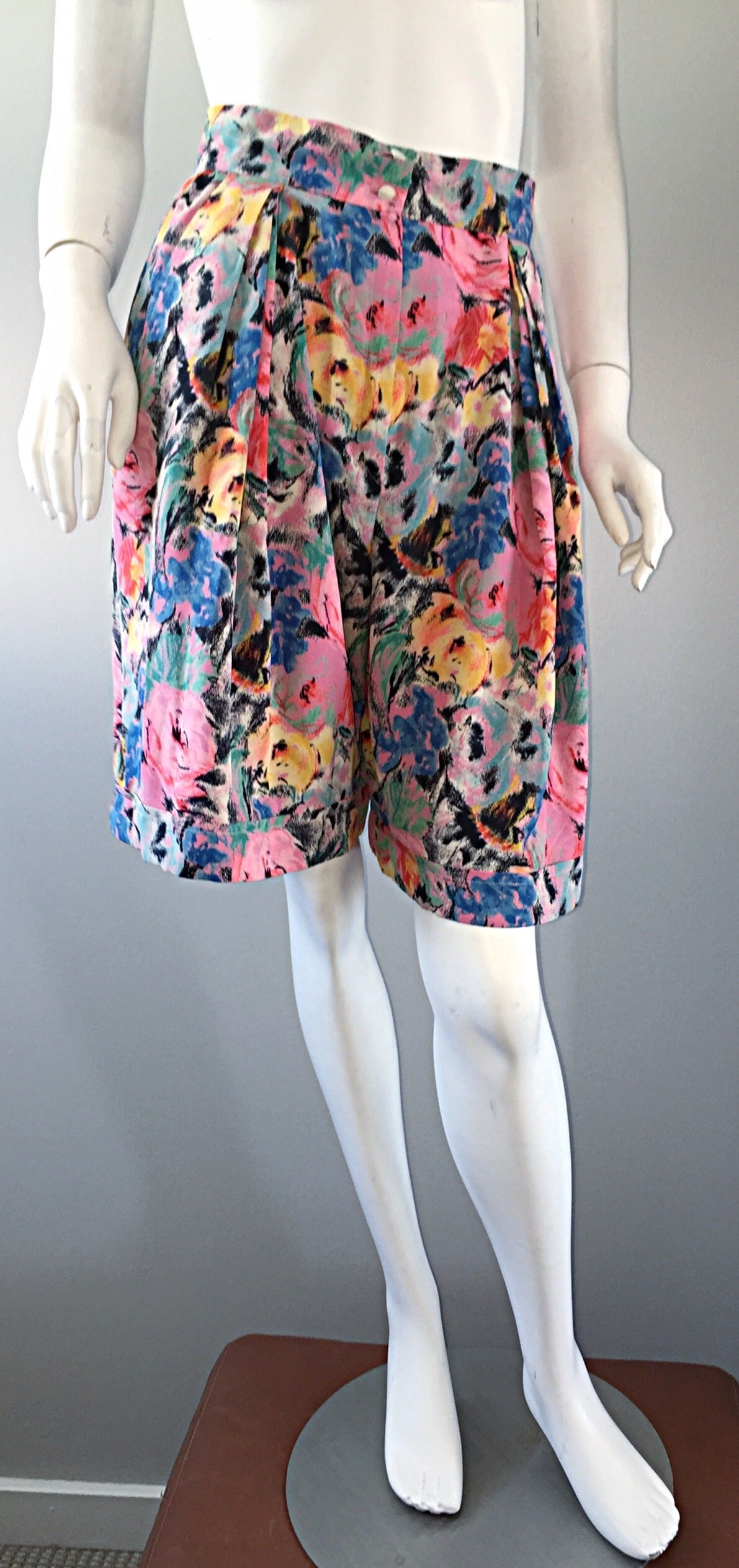 Chic Vintage Emanuel Ungaro Floral Watercolor Blouse + Shorts Set 1