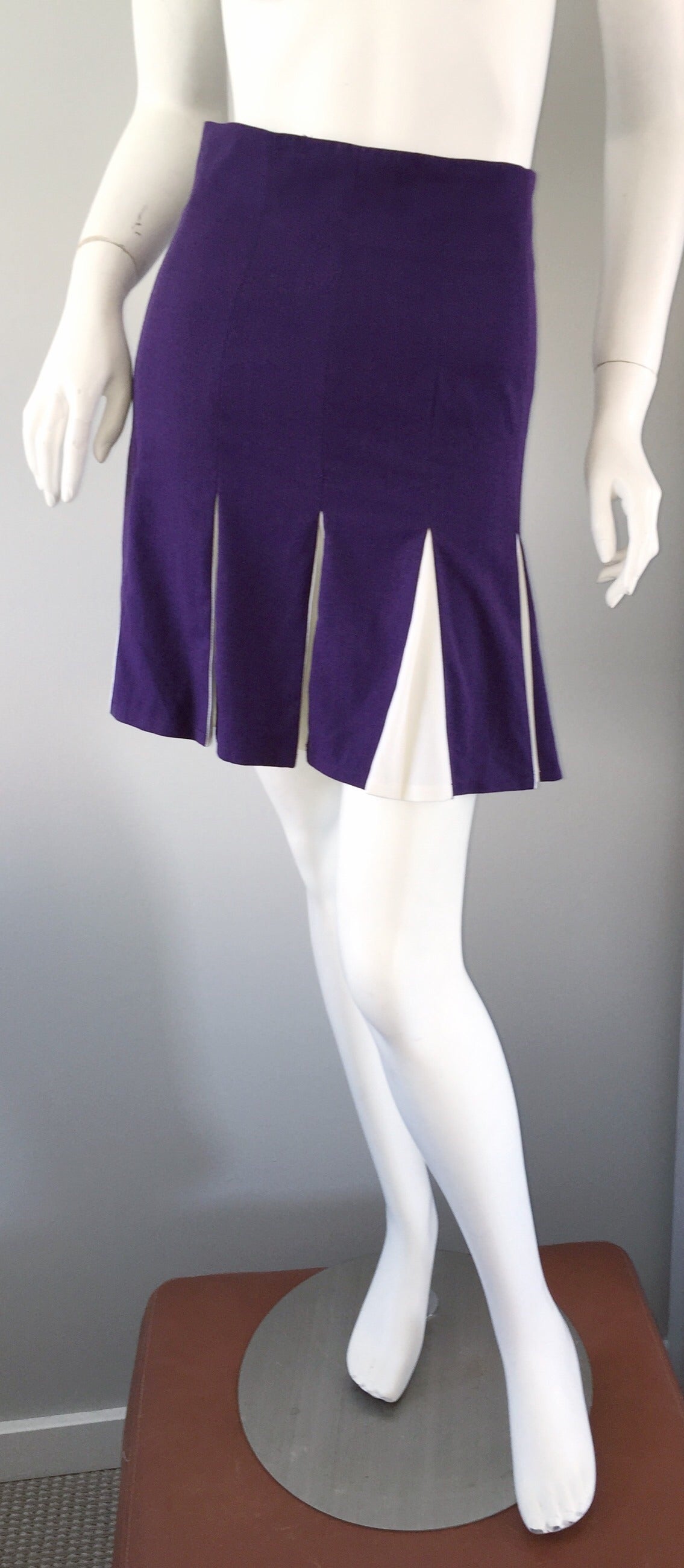 1990s Plein Sud High Waisted Purple + White Pleated Skirt - Made in France In Excellent Condition In San Diego, CA