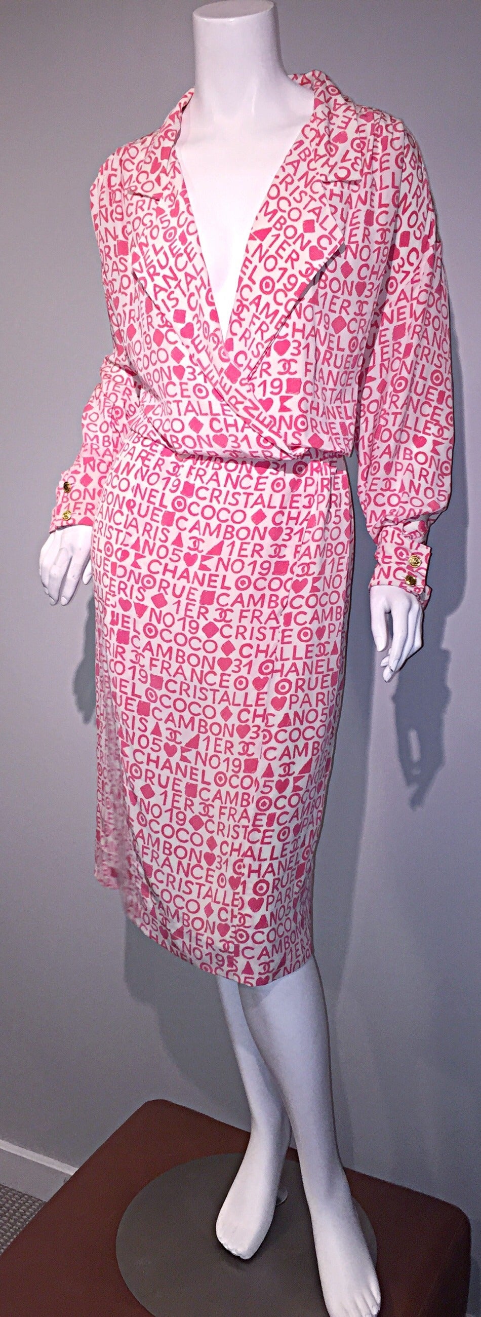 Women's Rare Vintage Chanel Pink + White Logo Graffiti Silk Shirt Dress