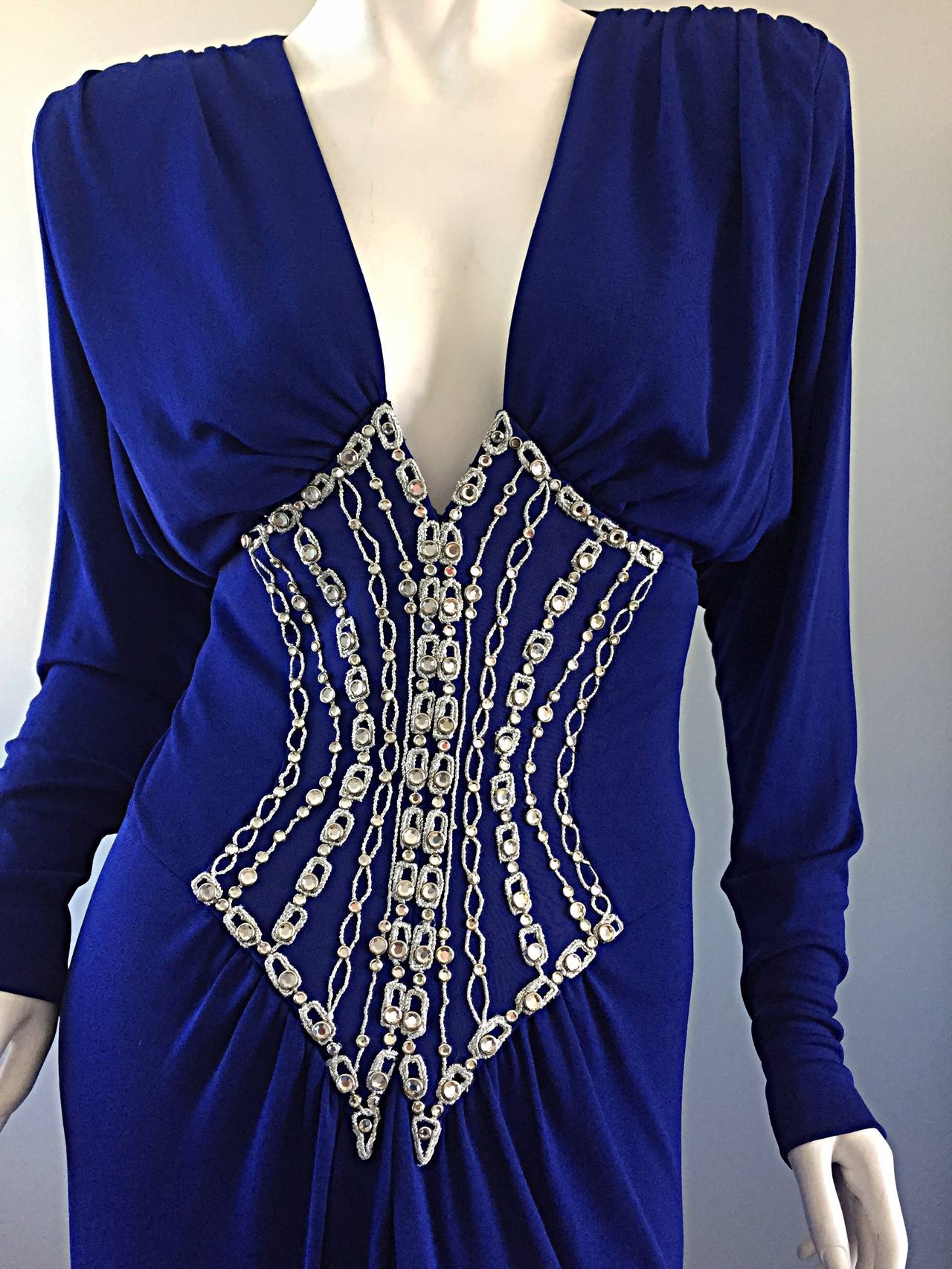 Sexy Vintage Bob Mackie Royal Blue Silk Jersey ' Plunging ' Rhinestone Dress In Excellent Condition In San Diego, CA