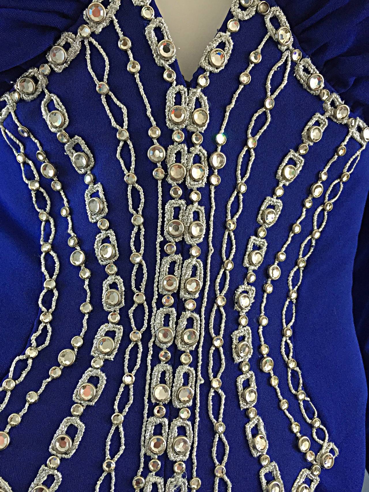 Sexy Vintage Bob Mackie Royal Blue Silk Jersey ' Plunging ' Rhinestone Dress 2