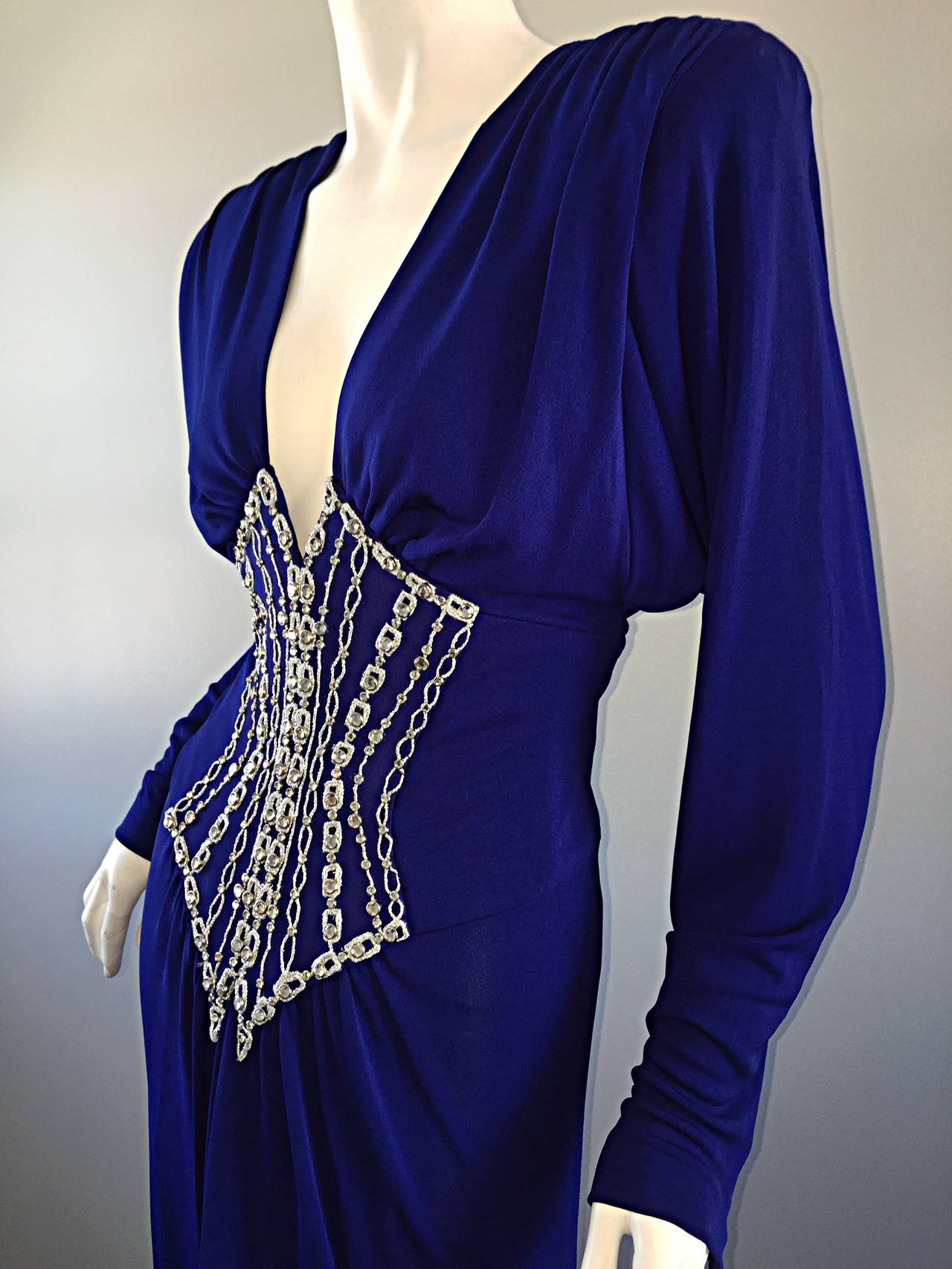 Sexy Vintage Bob Mackie Royal Blue Silk Jersey ' Plunging ' Rhinestone Dress 3