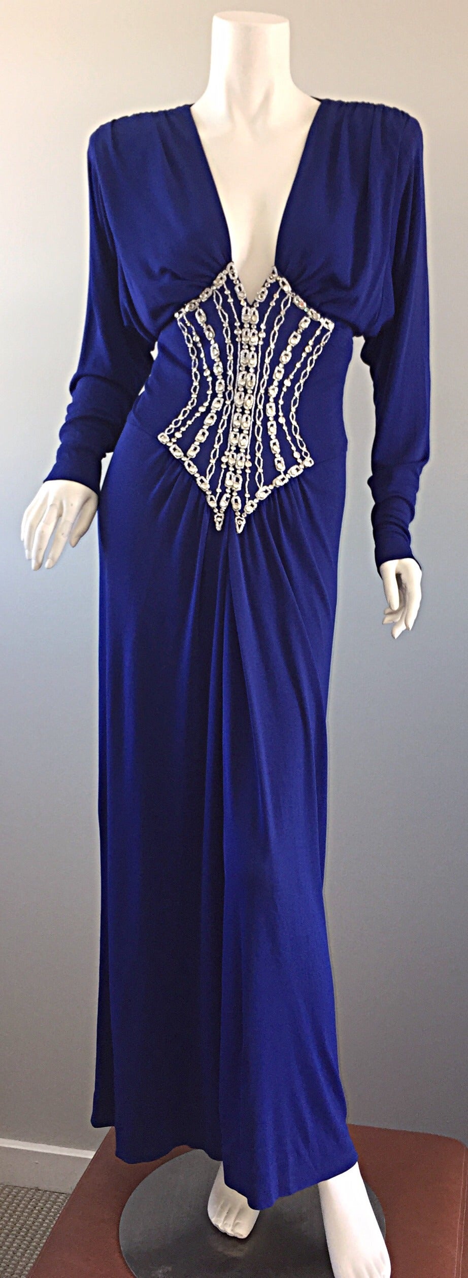 Sexy Vintage Bob Mackie Royal Blue Silk Jersey ' Plunging ' Rhinestone Dress 4