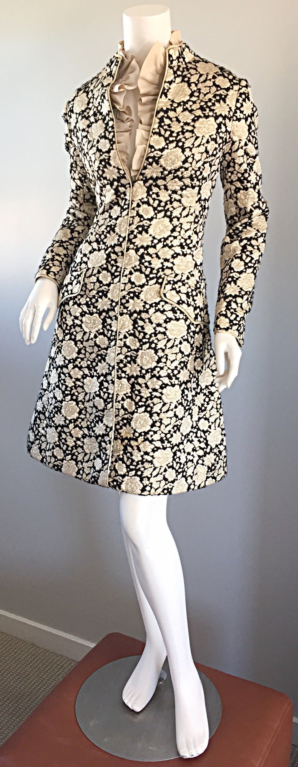 Women's 1960s Mollie Parnis Black + Gold Floral Silk Brocade Edwardian A - Line Dress