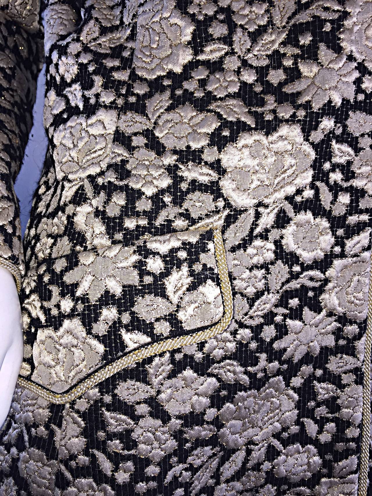1960s Mollie Parnis Black + Gold Floral Silk Brocade Edwardian A - Line Dress 2