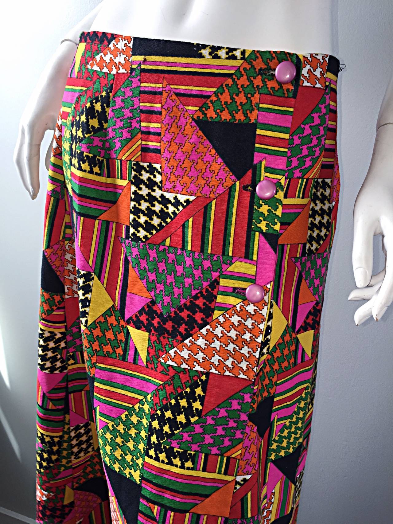 Black 1970s Colorful Geometric Patchwork Houndstooth Vintage Cotton Maxi Skirt For Sale