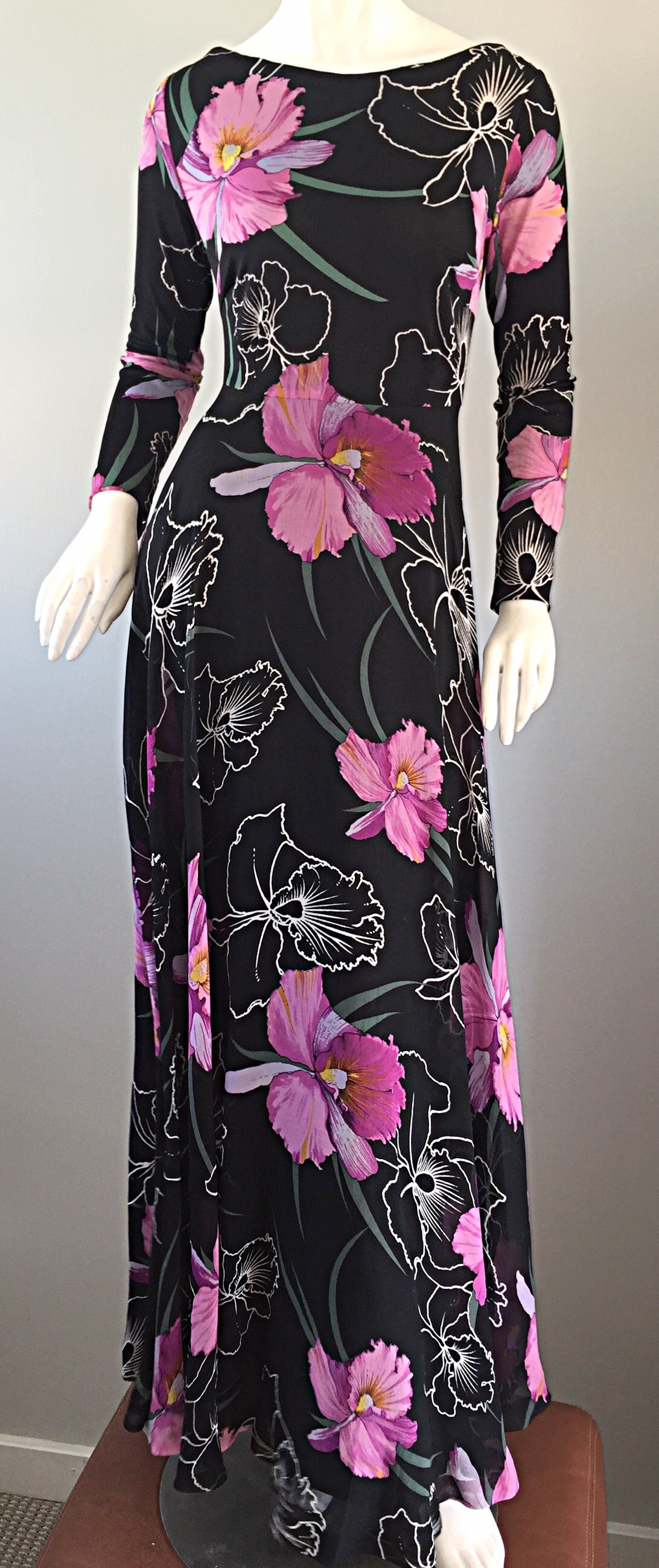 Schönes Vintage La Mendola Seidenchiffon ' Hibiskus ' Kleid ' Made in Italy' (Schwarz) im Angebot