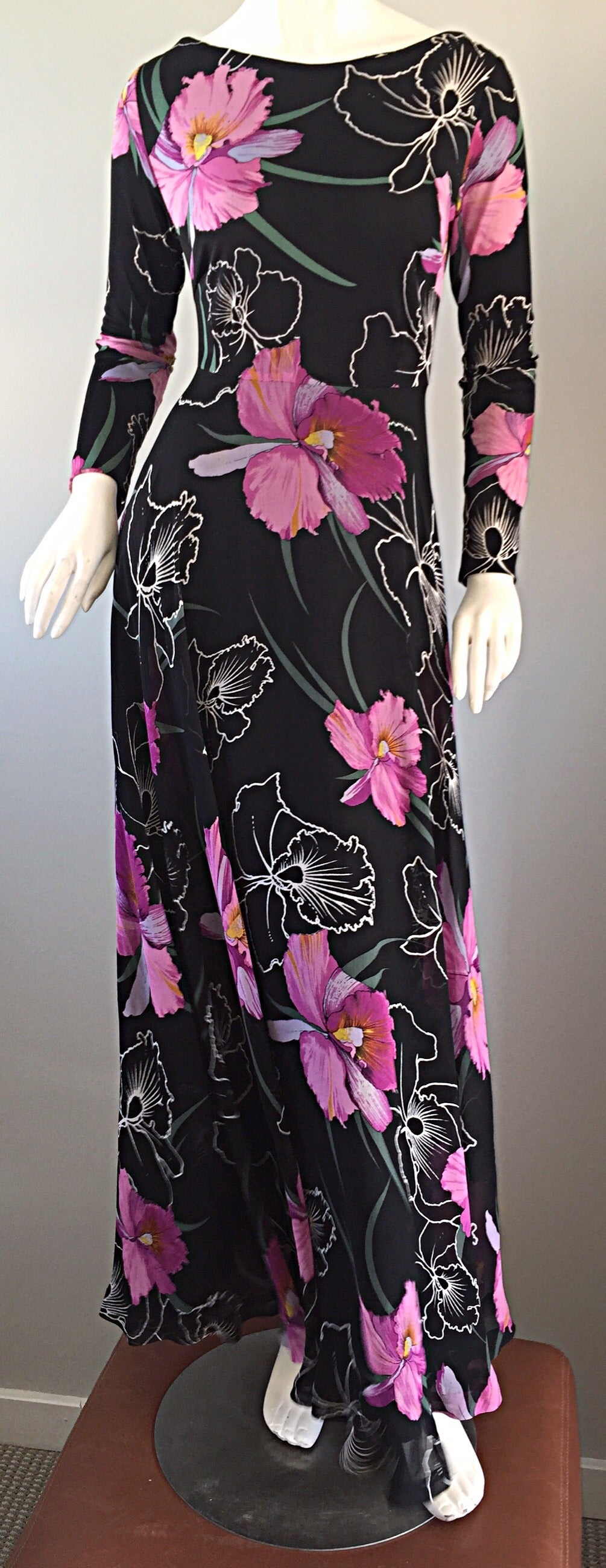 Black Beautiful Vintage La Mendola Silk Chiffon ' Hibiscus ' Dress ' Made in Italy'