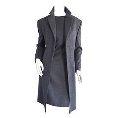 1990s Max Mara ' Woolmark ' Classic Charcoal Grey Dress + Jacket Ensemble