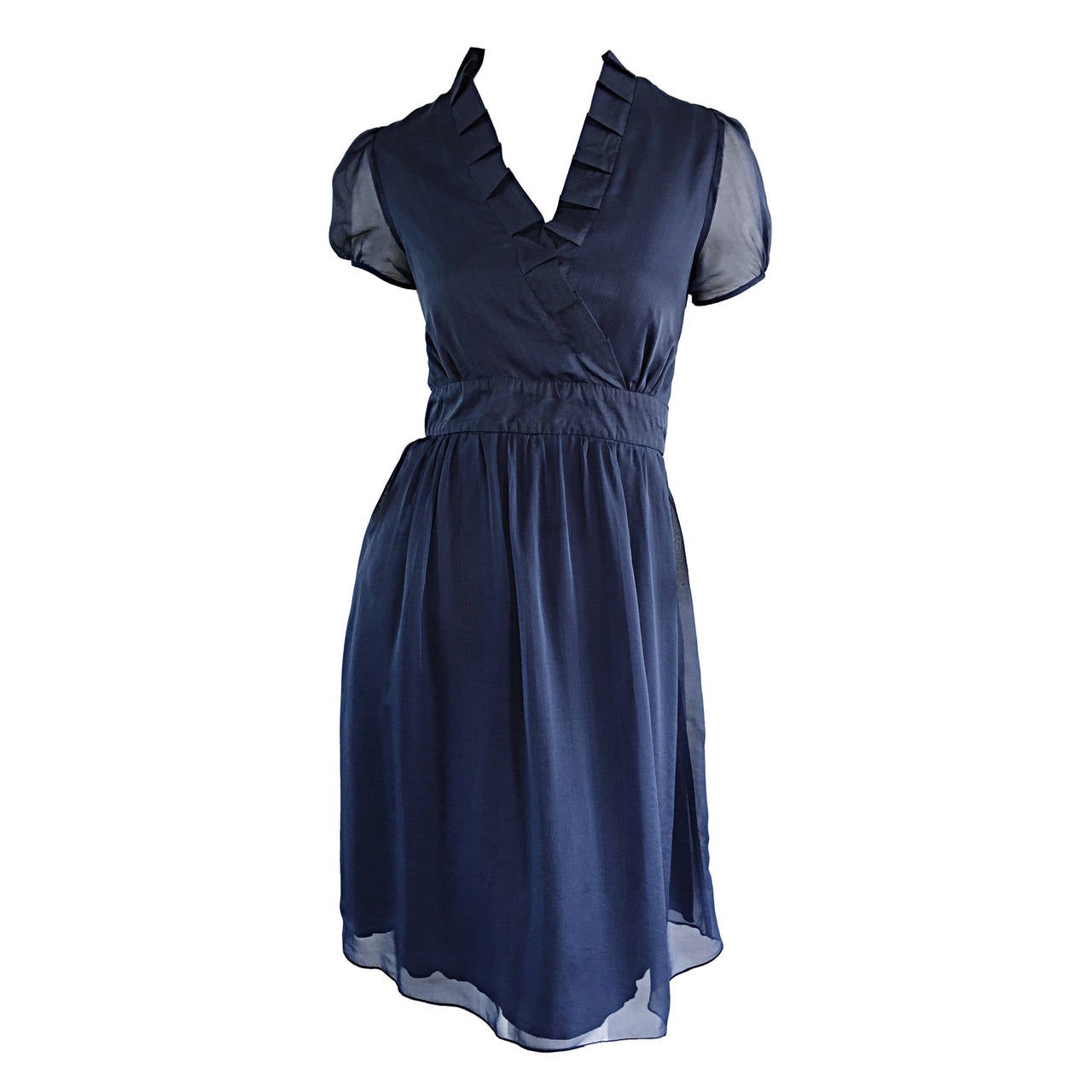 1990s Chloe by Karl Lagerfeld Vintage 90s Navy Blue Silk Chiffon Babydoll Dress