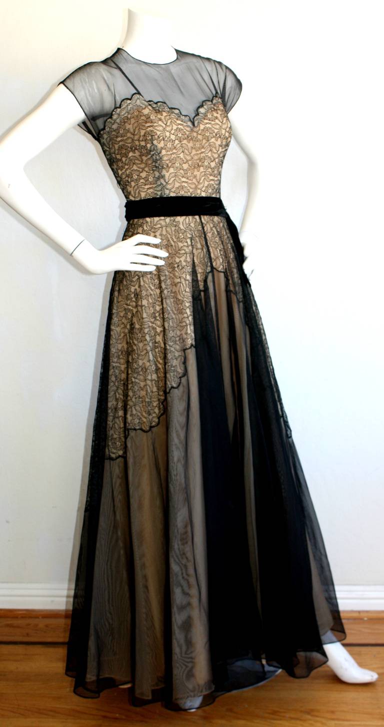 Stunning 1950s Lace Illusion Black & Nude Vintage Evening Gown 2