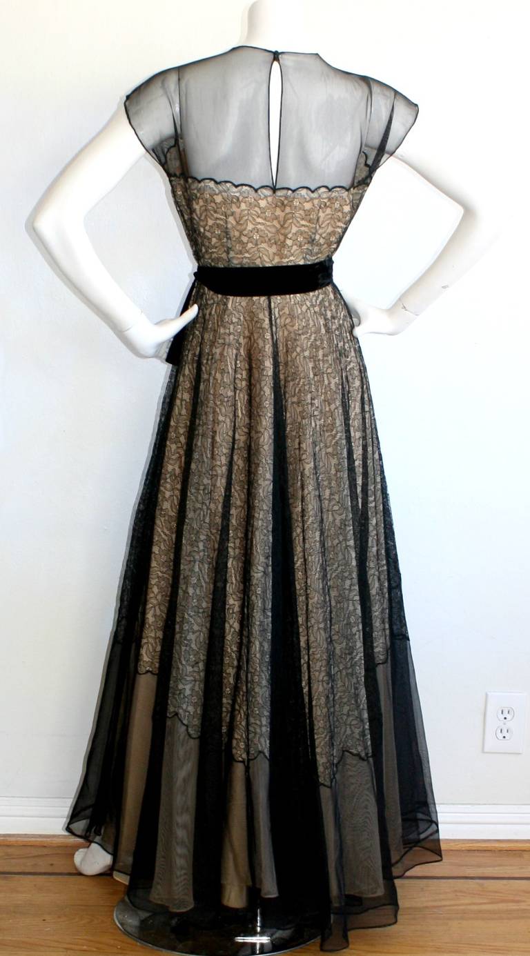 Stunning 1950s Lace Illusion Black & Nude Vintage Evening Gown 1