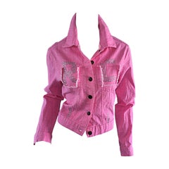 1990s Vintage Roberto Cavalli Pink Denim Jean Jacket + ' R C ' Rhinestones