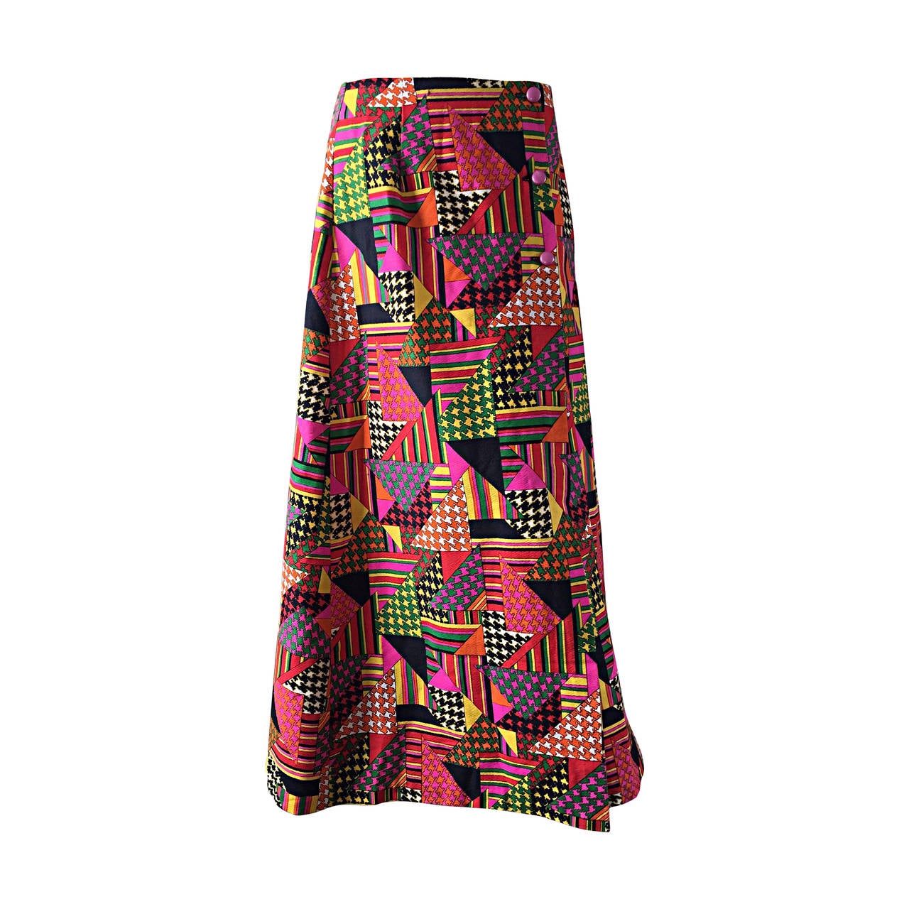 1970s Colorful Geometric Patchwork Houndstooth Vintage Cotton Maxi Skirt For Sale