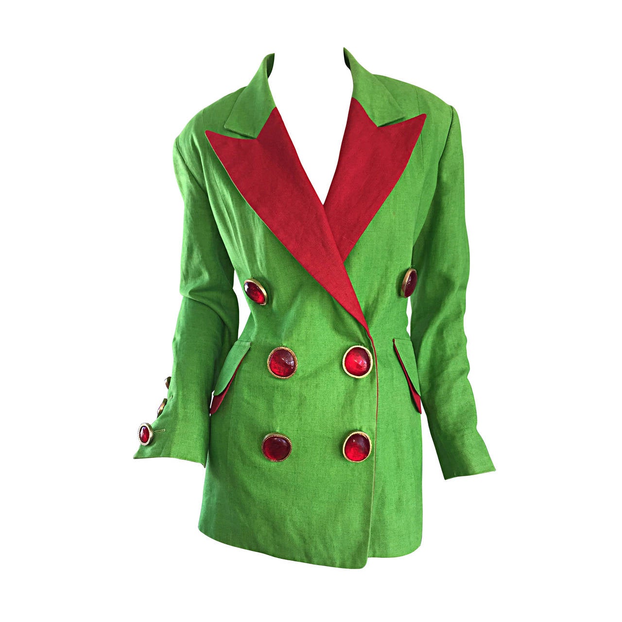 Incredible Vintage Gemma Kahng Green + Red Blazer w/ Gripoix Buttons