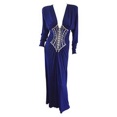 Sexy Vintage Bob Mackie Royal Blue Silk Jersey ' Plunging ' Rhinestone Dress