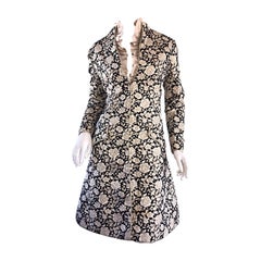 1960s Mollie Parnis Black + Gold Floral Silk Brocade Edwardian A - Line Dress