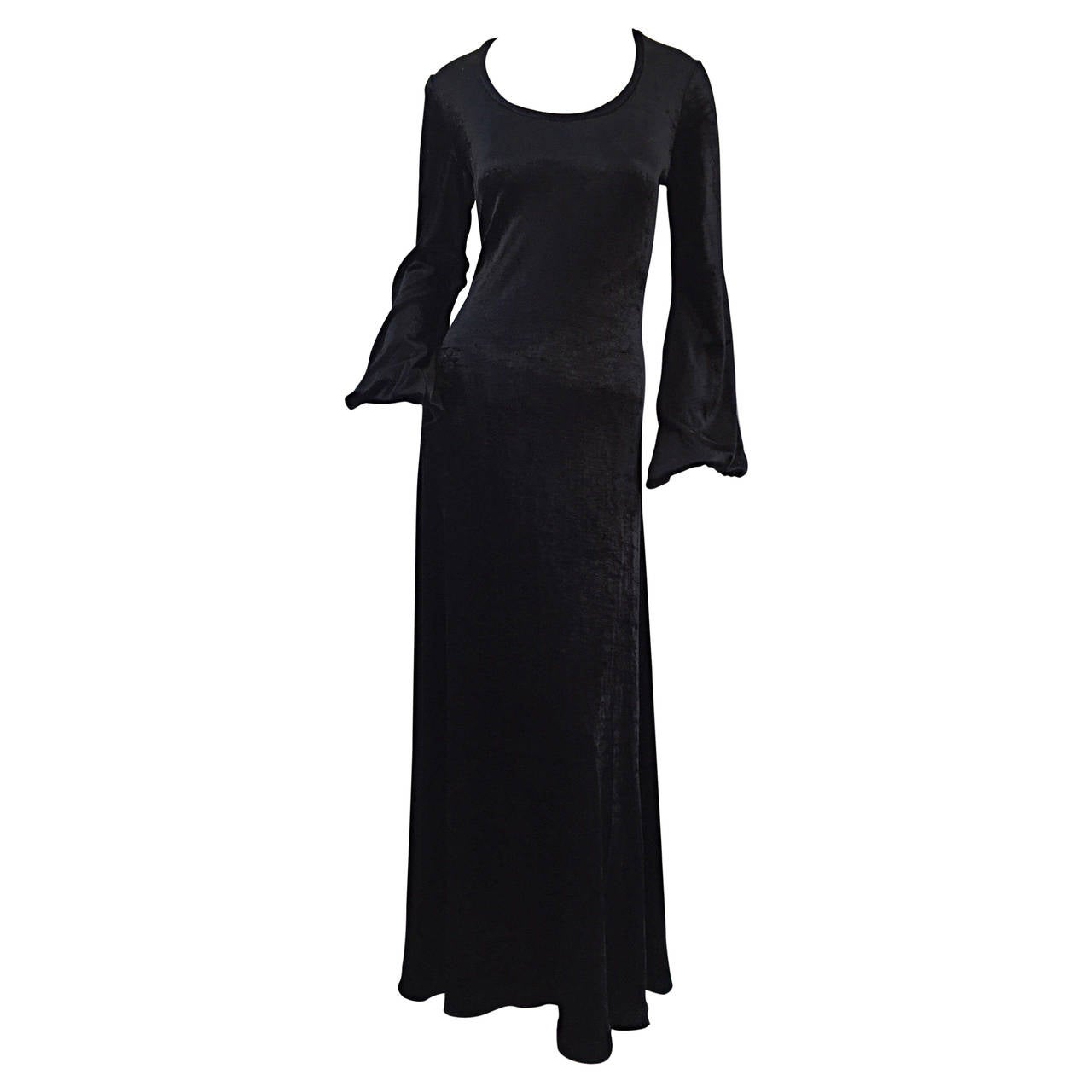 Rare " Alley Cat " by Betsey Johnson 1970s Black Velveteen Billow Sleeves Dress For Sale