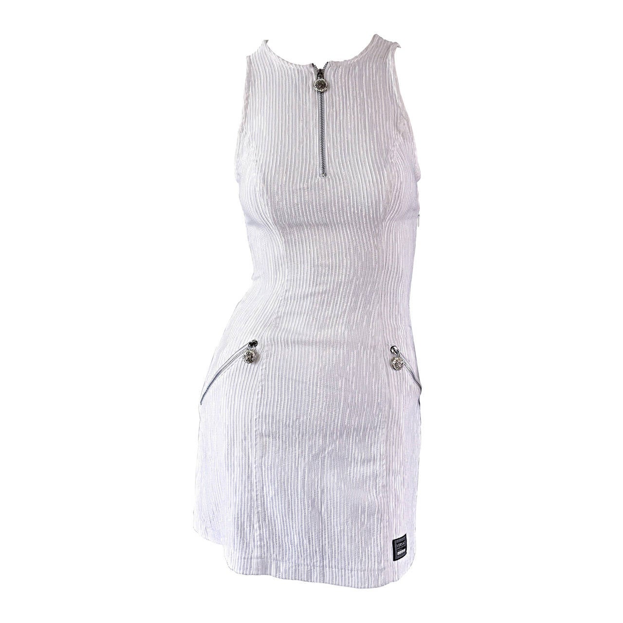 Vintage Gianni Versace White Ribbed BodyCon Scuba Dress Medusa + Rhinestones