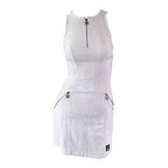 Vintage Gianni Versace White Ribbed BodyCon Scuba Dress Medusa + Rhinestones