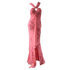 Vintage Lillie Rubin Pink Silk Chiffon Beaded Sequin Grecian Dress and Sash