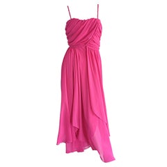 1970s Joy Stevens Hot Pink Vintage Flowy Grecian Disco Dress w/ Braided Details