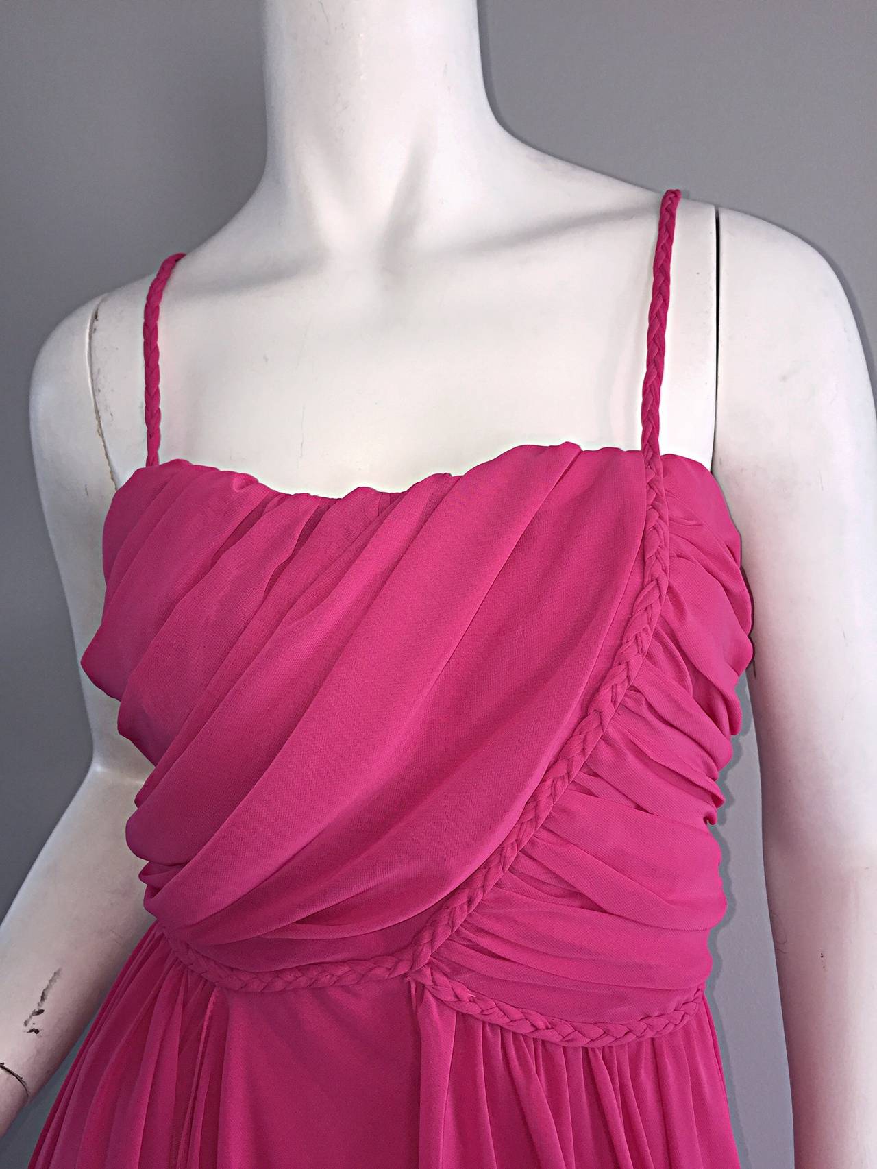 1970s Joy Stevens Hot Pink Vintage Flowy Grecian Disco Dress w/ Braided ...