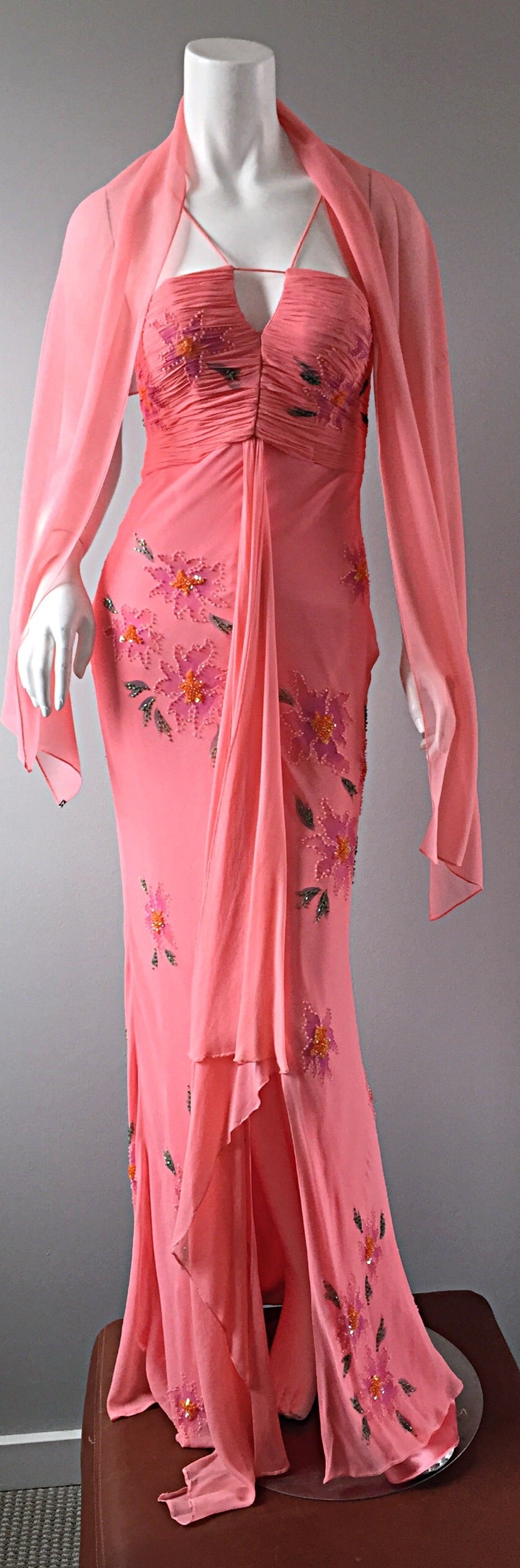 Stunning vintage Lillie Rubin silk chiffon pink gown and sash! Can be worn three different ways---with sash looped through neck straps, alone (without sash), or with sash draped over the shoulders. Asymmetrical hem, with layers and layers of