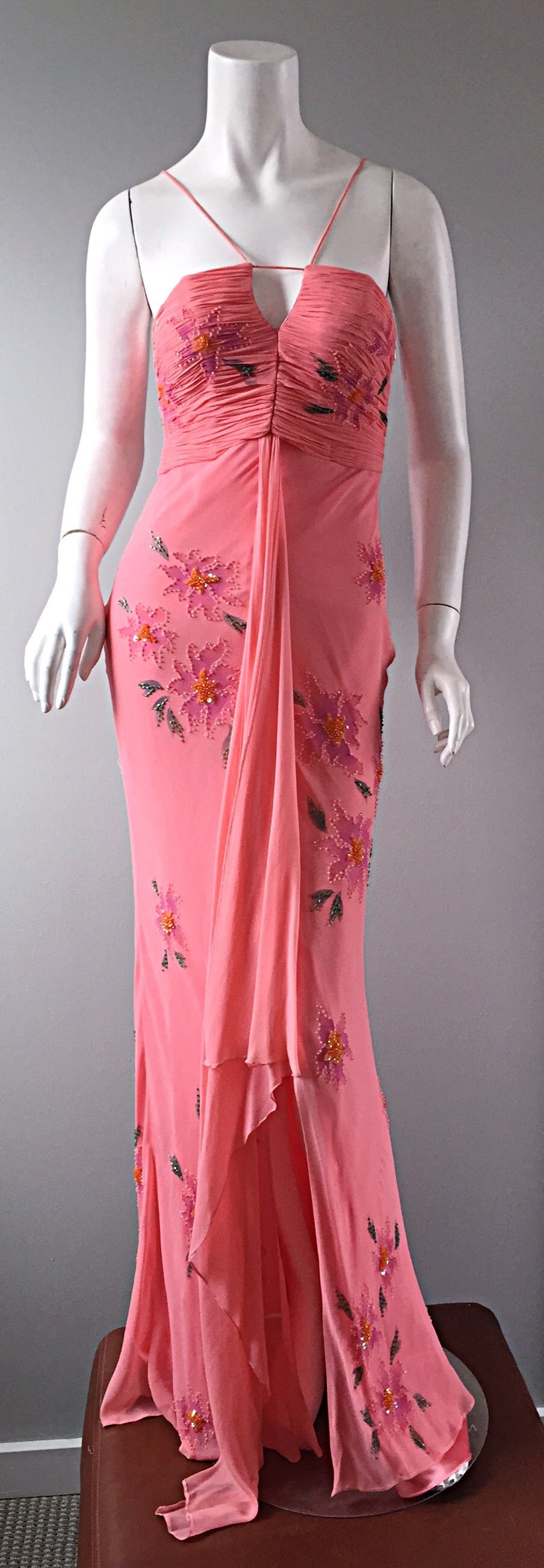 Vintage Lillie Rubin Pink Silk Chiffon Beaded Sequin Grecian Dress and Sash In Excellent Condition In San Diego, CA