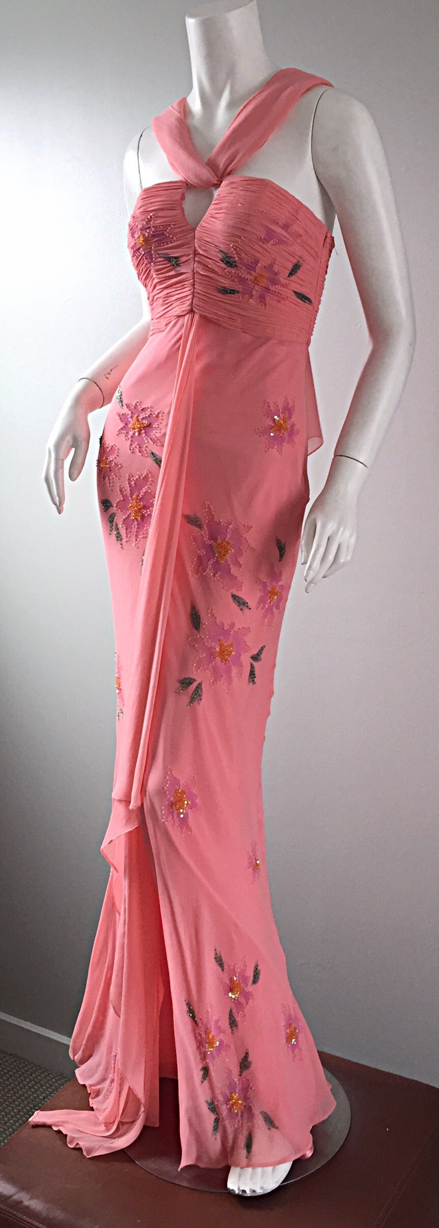 Women's Vintage Lillie Rubin Pink Silk Chiffon Beaded Sequin Grecian Dress and Sash
