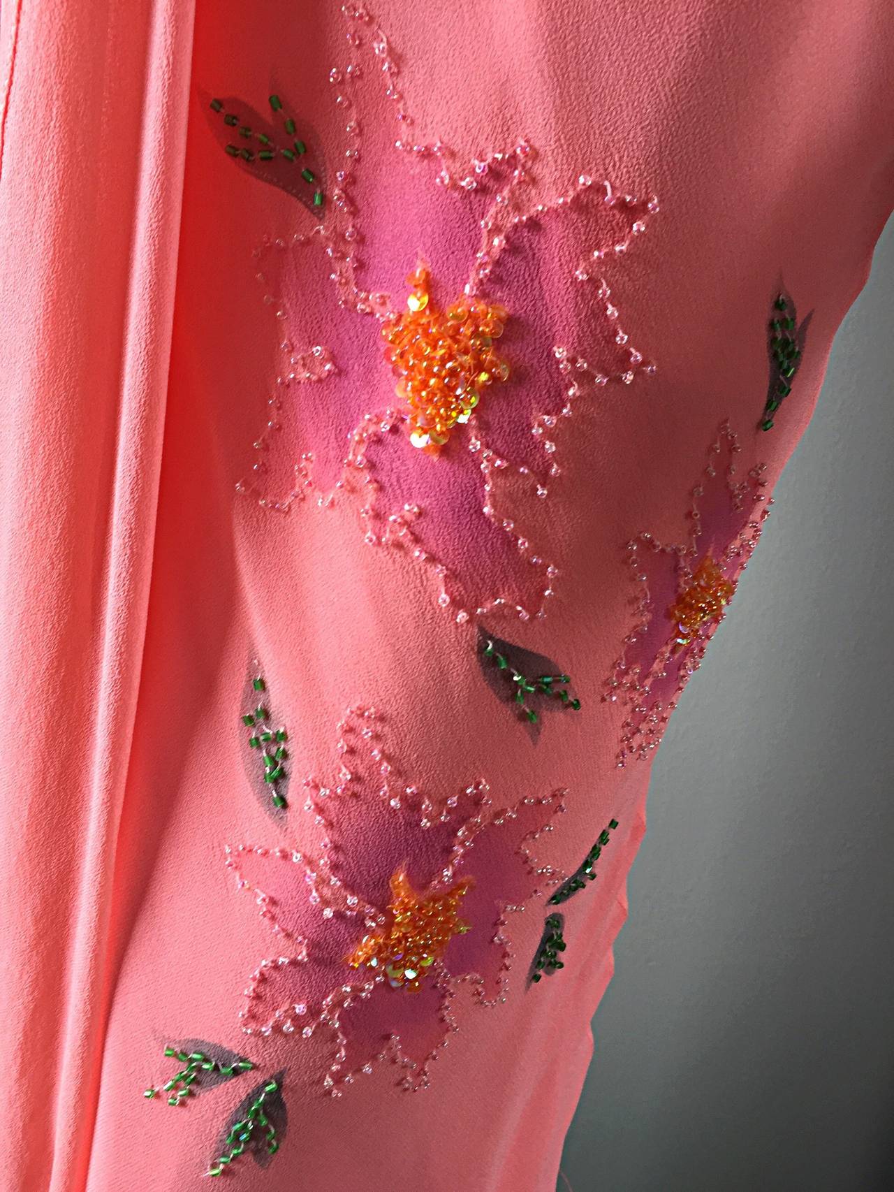 Vintage Lillie Rubin Pink Silk Chiffon Beaded Sequin Grecian Dress and Sash 1