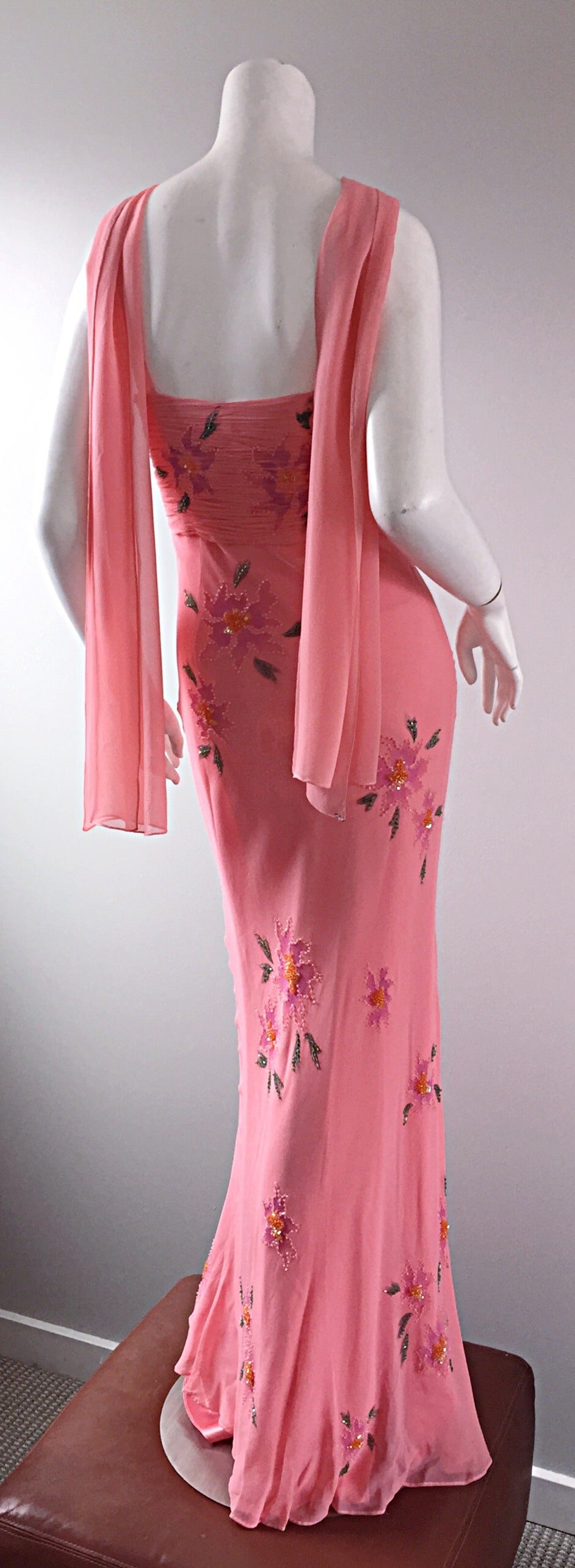 Vintage Lillie Rubin Pink Silk Chiffon Beaded Sequin Grecian Dress and Sash 2