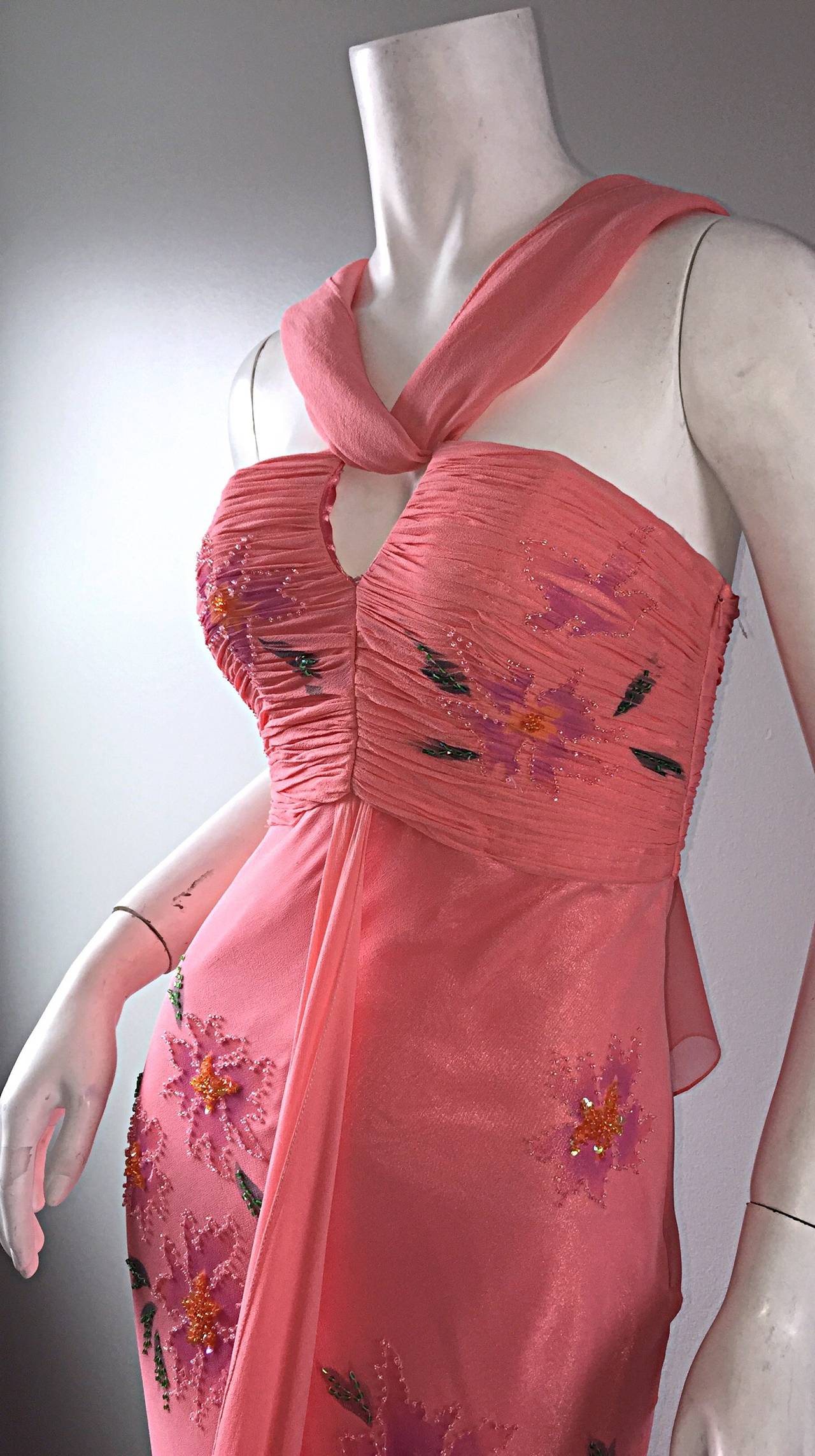 Vintage Lillie Rubin Pink Silk Chiffon Beaded Sequin Grecian Dress and Sash 3