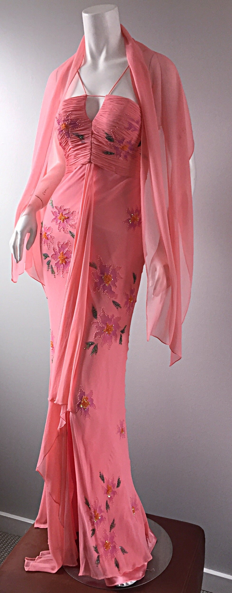 Vintage Lillie Rubin Pink Silk Chiffon Beaded Sequin Grecian Dress and Sash 5