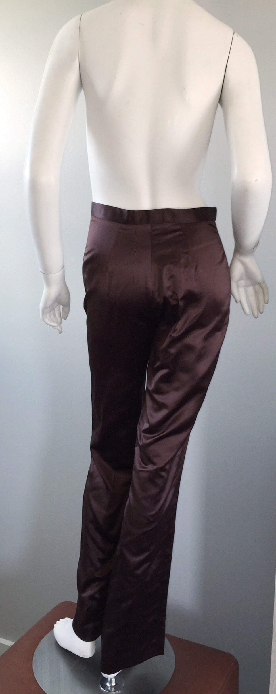 Women's New 1990s Regina Rubens Brown Silk High Waisted Flared Leg Trouser Pants For Sale