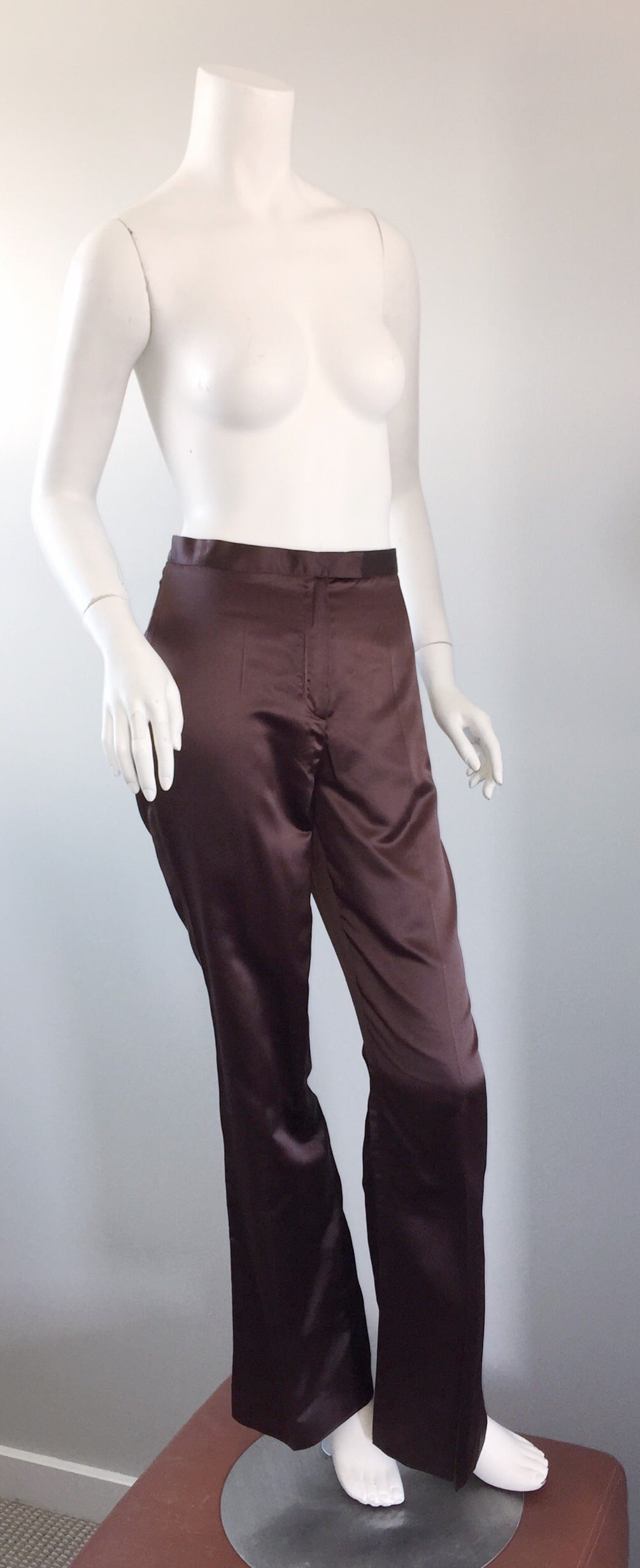 New 1990s Regina Rubens Brown Silk High Waisted Flared Leg Trouser Pants In New Condition For Sale In San Diego, CA