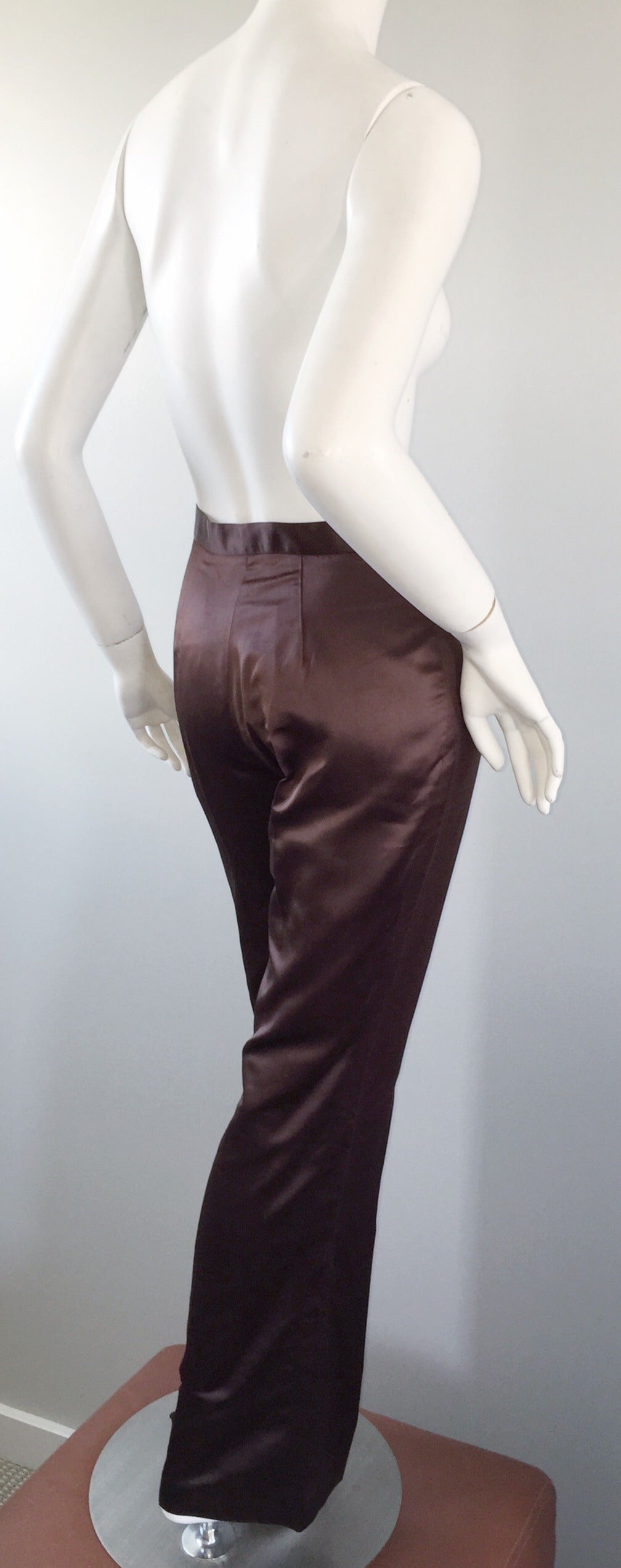 Black New 1990s Regina Rubens Brown Silk High Waisted Flared Leg Trouser Pants For Sale