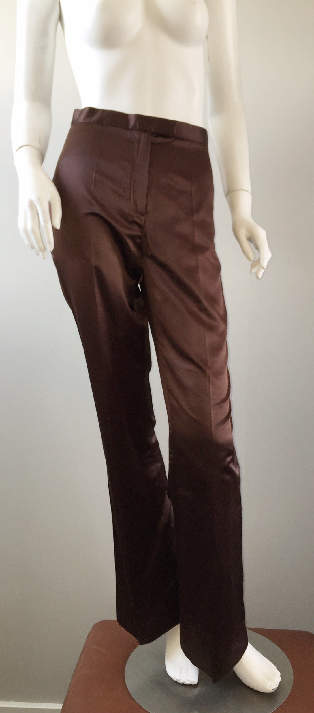 New 1990s Regina Rubens Brown Silk High Waisted Flared Leg Trouser Pants For Sale 1