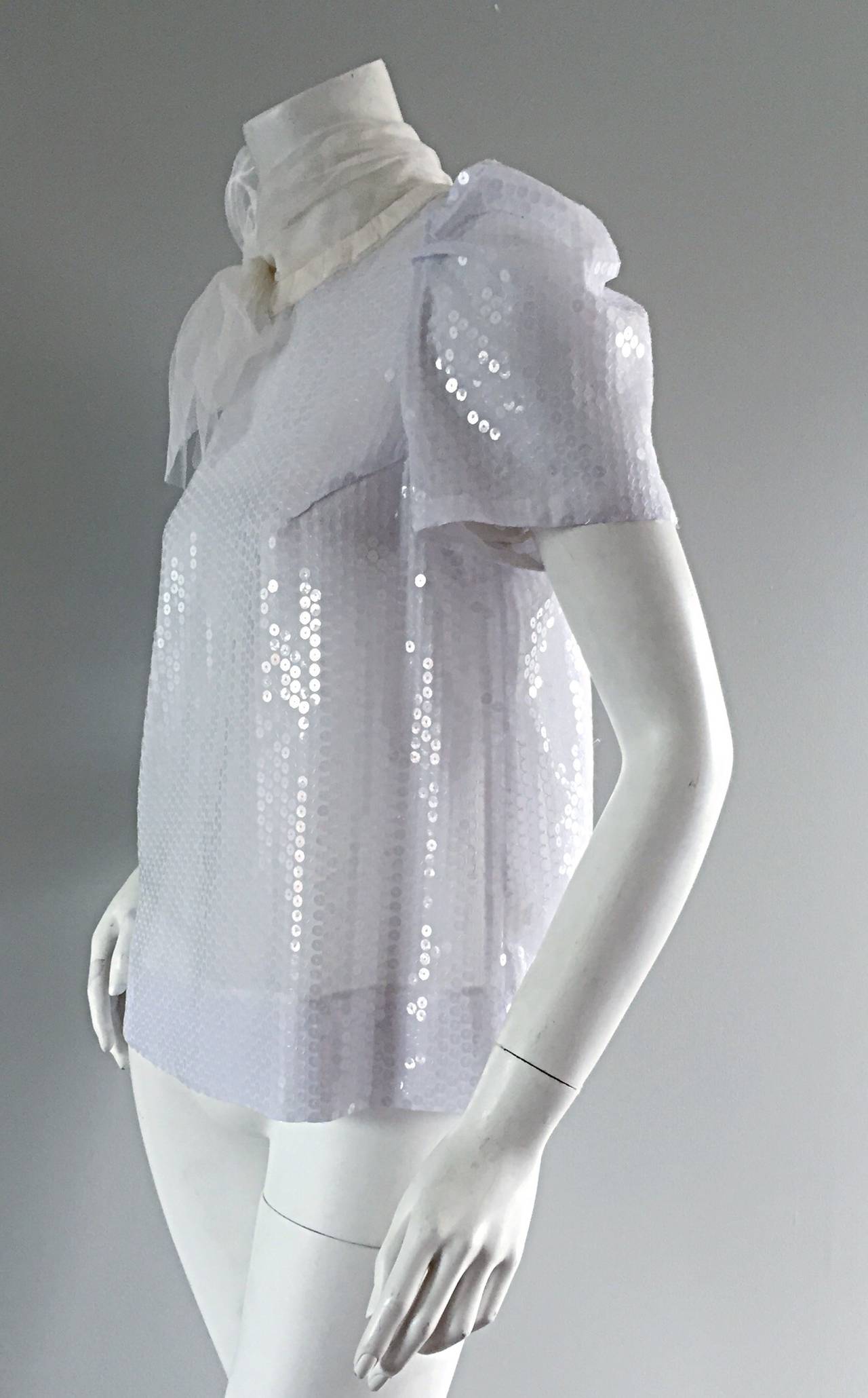 Gray Peter Som All - Over White Sequin Silk Trapeze Blouse w/ Bow - Brand New