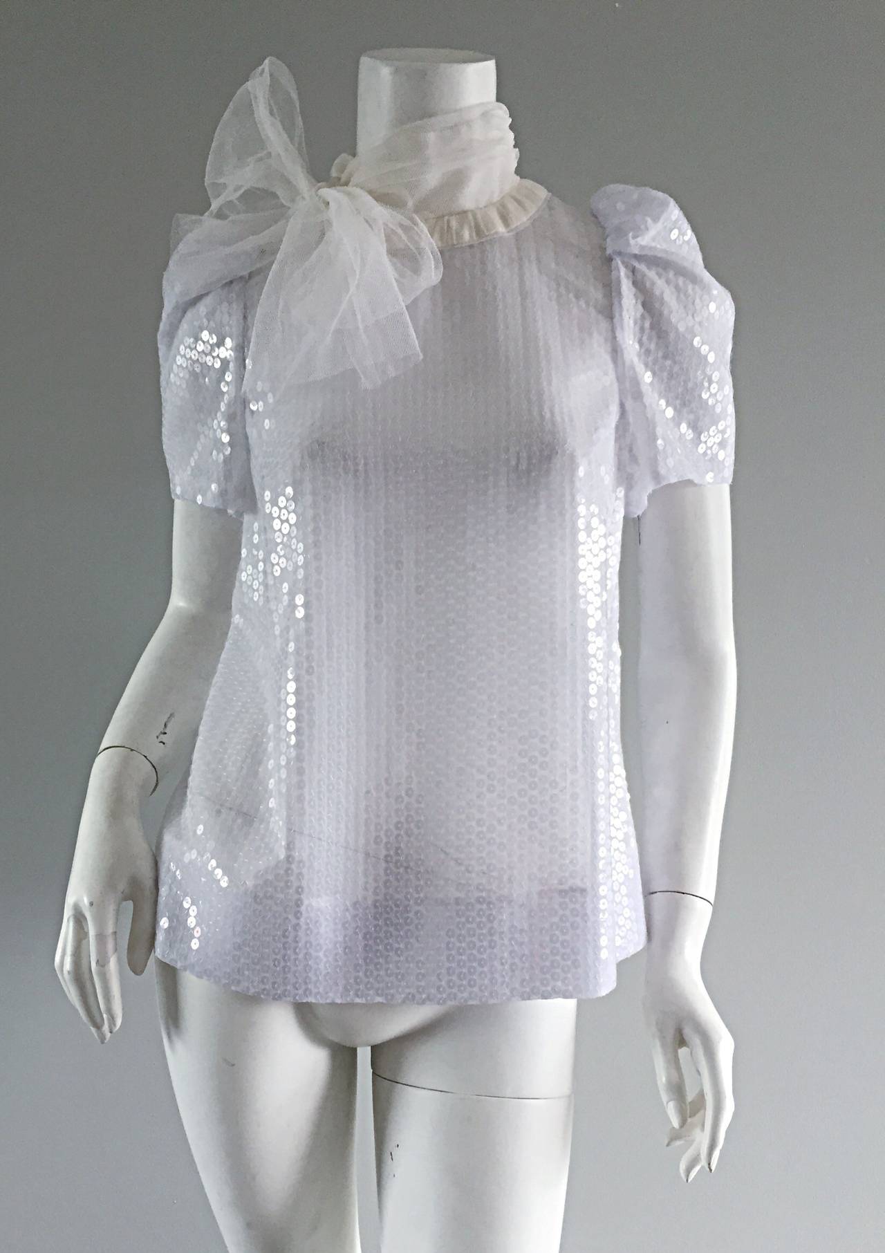 Peter Som All - Over White Sequin Silk Trapeze Blouse w/ Bow - Brand New 1