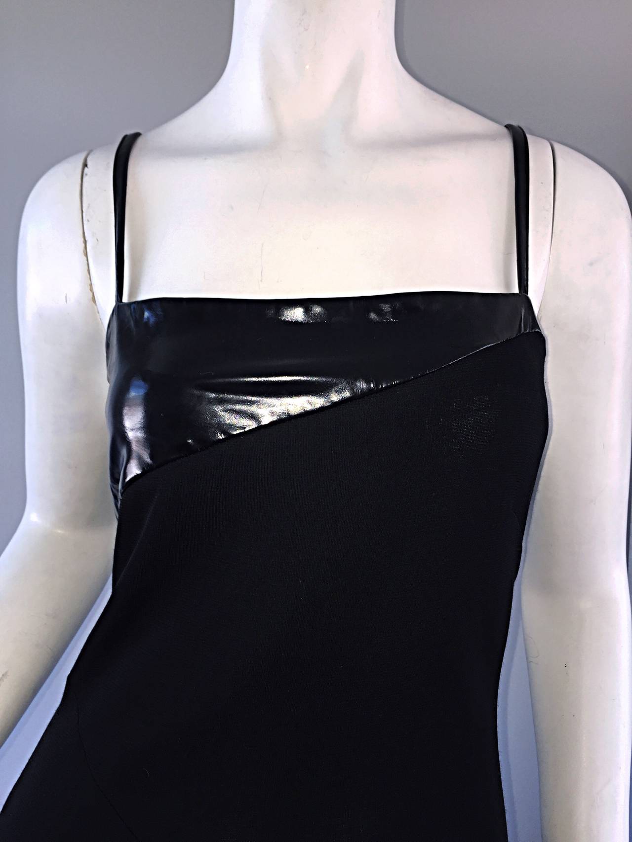 Gianfranco Ferre Black Jersey + Pleather Sexy Vintage 1990s Dress In Excellent Condition For Sale In San Diego, CA