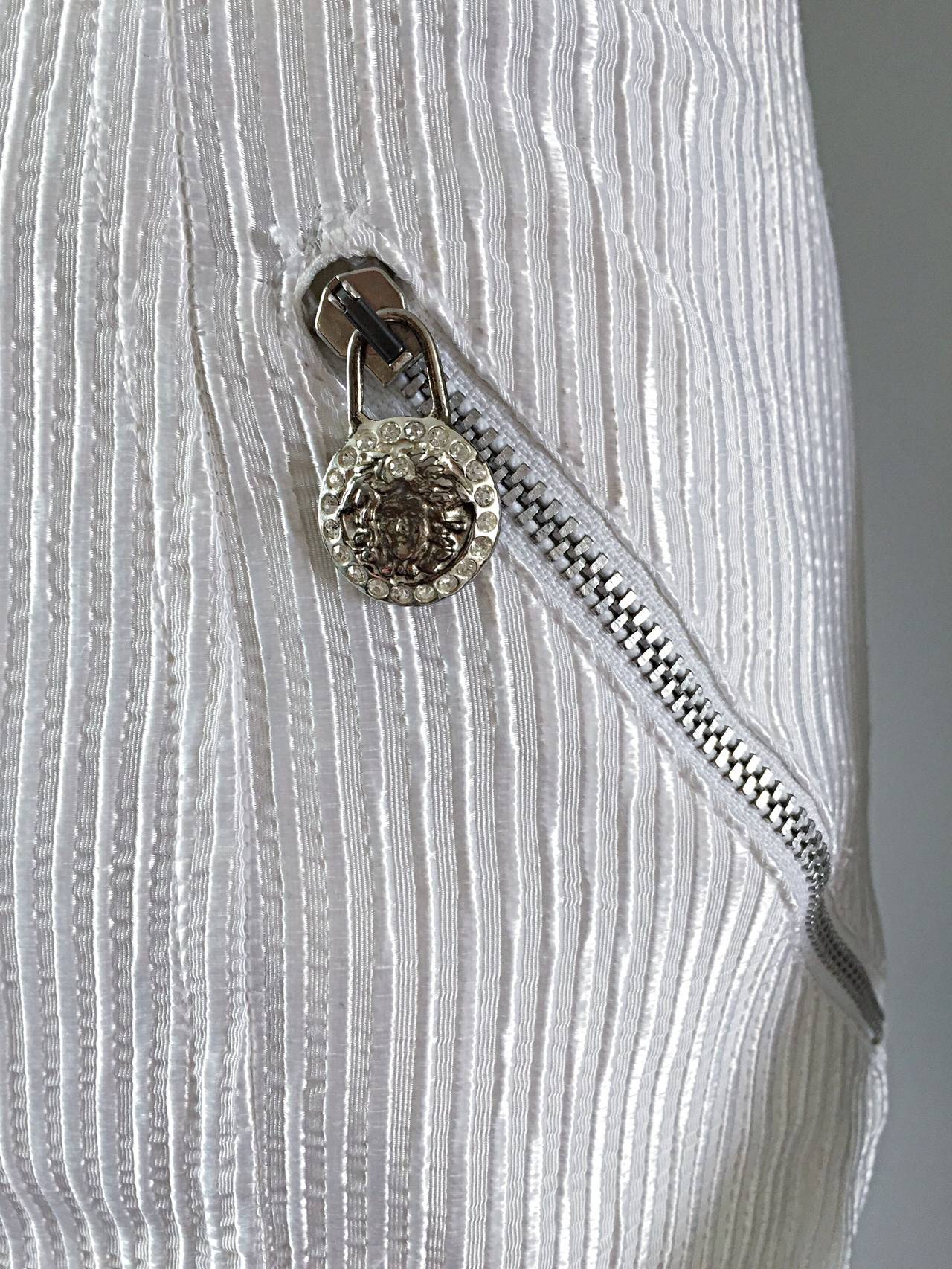 Women's Vintage Gianni Versace White Ribbed BodyCon Scuba Dress Medusa + Rhinestones