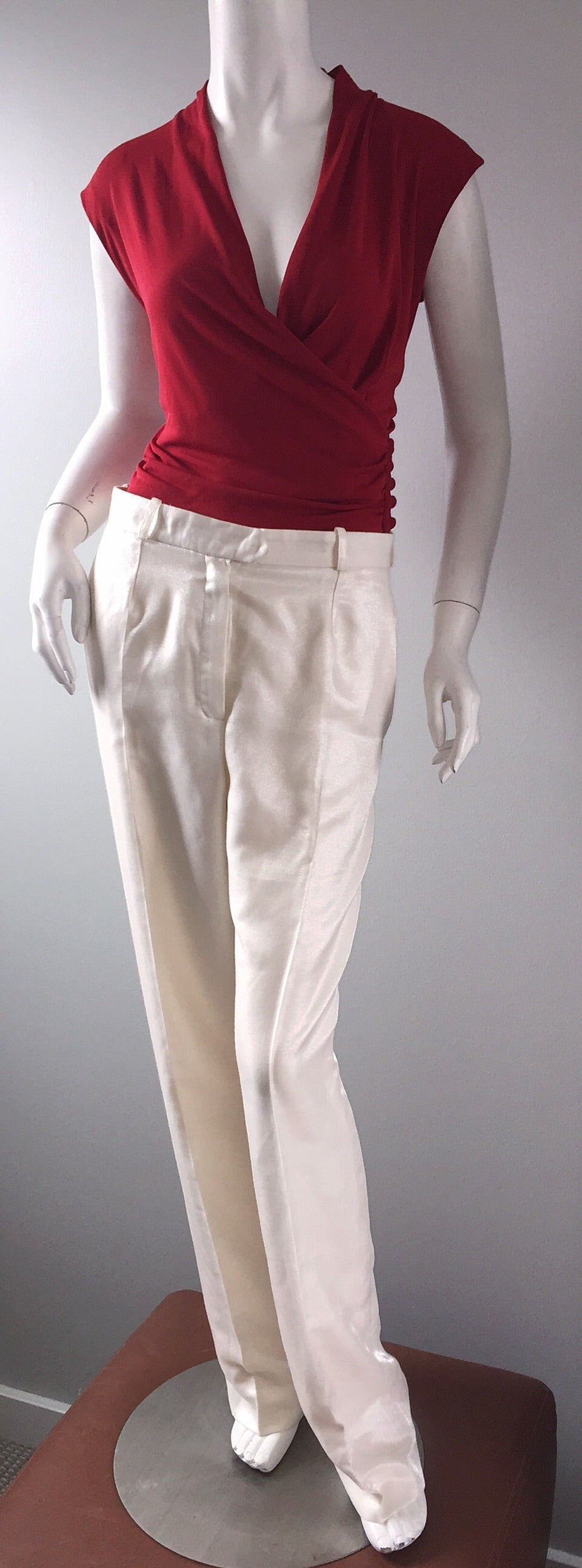Christian Dior Galliano Size 8 Ivory Metallic Le Smoking Shimmer Trouser Pants In Excellent Condition In San Diego, CA