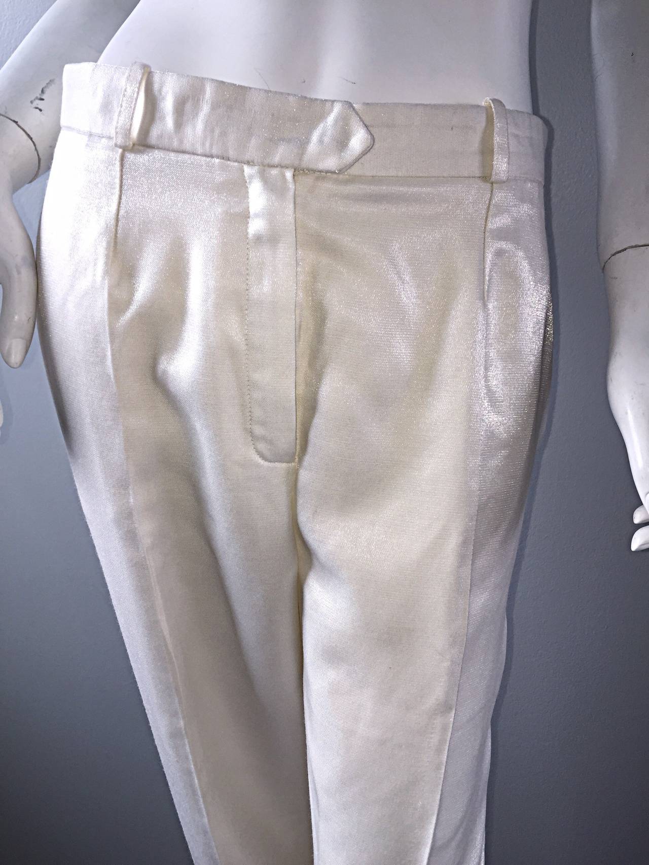 Women's Christian Dior Galliano Size 8 Ivory Metallic Le Smoking Shimmer Trouser Pants