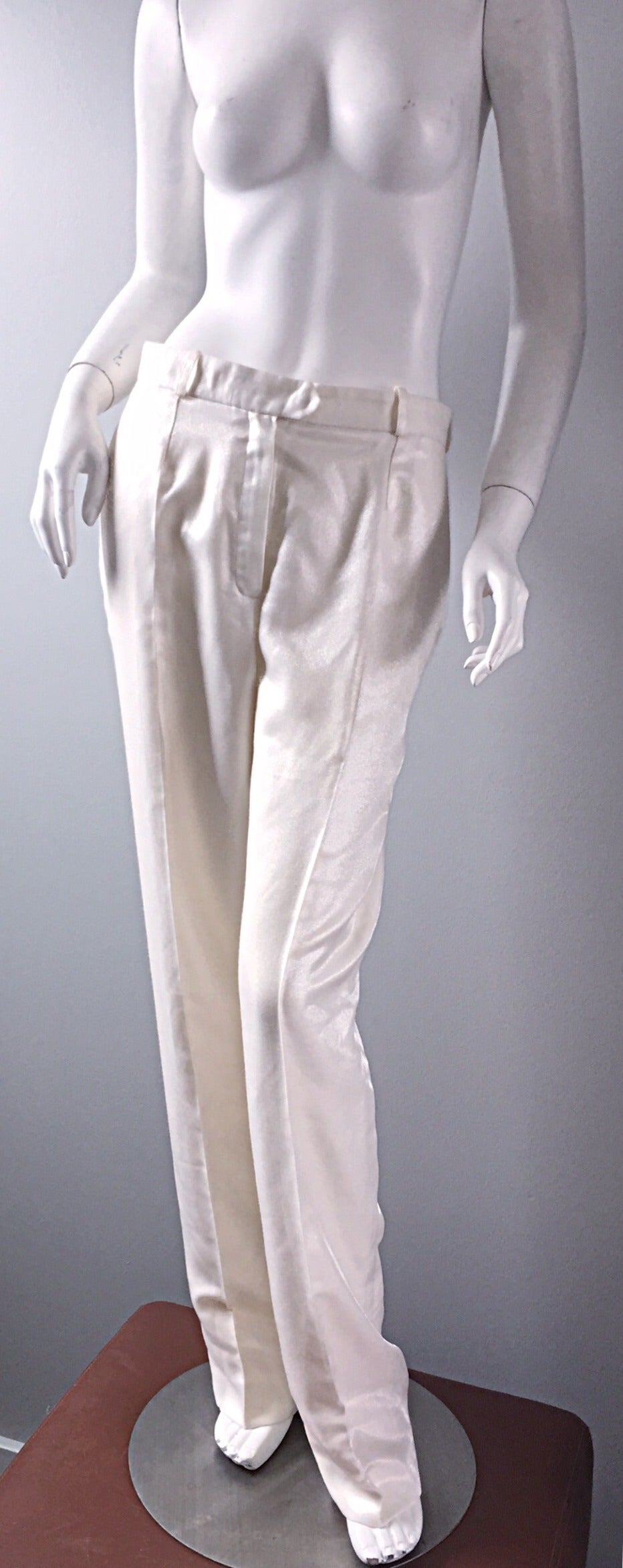 Christian Dior Galliano Size 8 Ivory Metallic Le Smoking Shimmer Trouser Pants 1