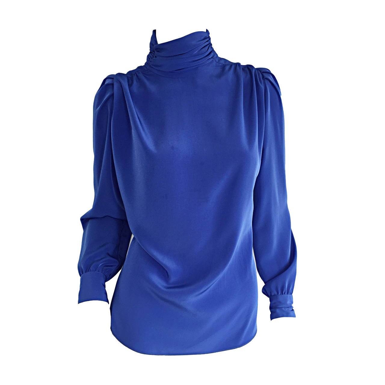 St. John Blue Silk Vintage Secretary Shirt Blouse w/ Puff Sleeves at ...