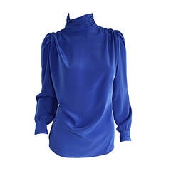 St. John Blue Silk Retro Secretary Shirt Blouse w/ Puff Sleeves
